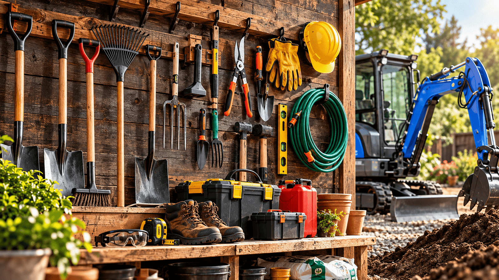 Ready-to-Dig Garden Workshop - Machinery.directory Garden tools neatly arranged on a rustic wooden wall, emphasizing the importance of preparation for mini excavator use.